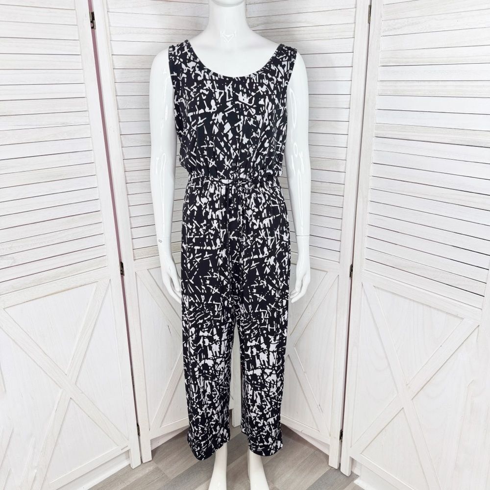 Calvin Klein Abstract Print Elastic Waist Wide Leg Sleeveless Jumpsuit Black 8